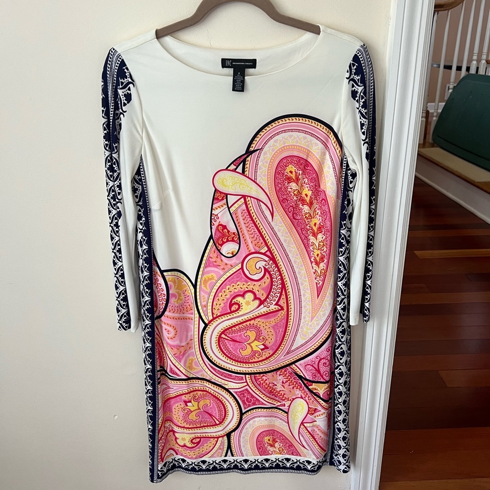 Women’s INC International Pink and Blue Paisley Printed Dress with 3/4 Sleeves